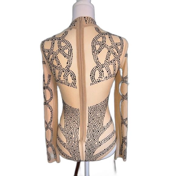 Banjul Tan Nude Mesh Rhinestone Studded Bodysuit Stretch Sheer Clubwear Sz S - Picture 4 of 7